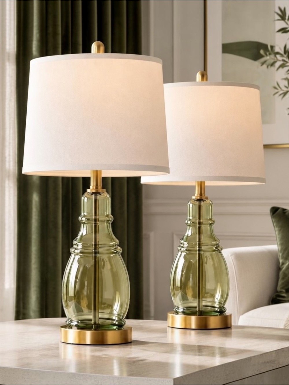NEW Anthropologie Set of 2 Sage Green Glass Gold Boho Table Lamps Lighting - 22"